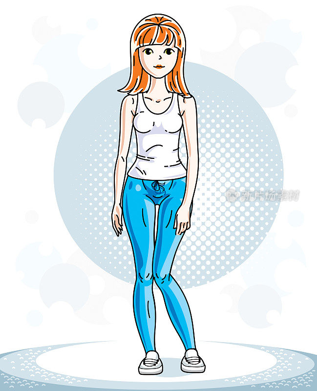 Young beautiful red-haired sporty woman standing. Vector character wearing leggings and T-shirt. Sport and fitness theme.